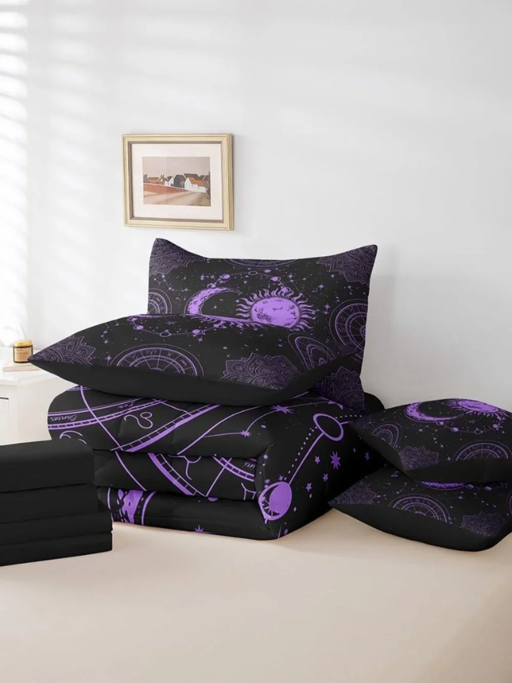 Sun and Moon 7 Piece Bedding Set, Constellation Galaxy Comforter Set Cover for K